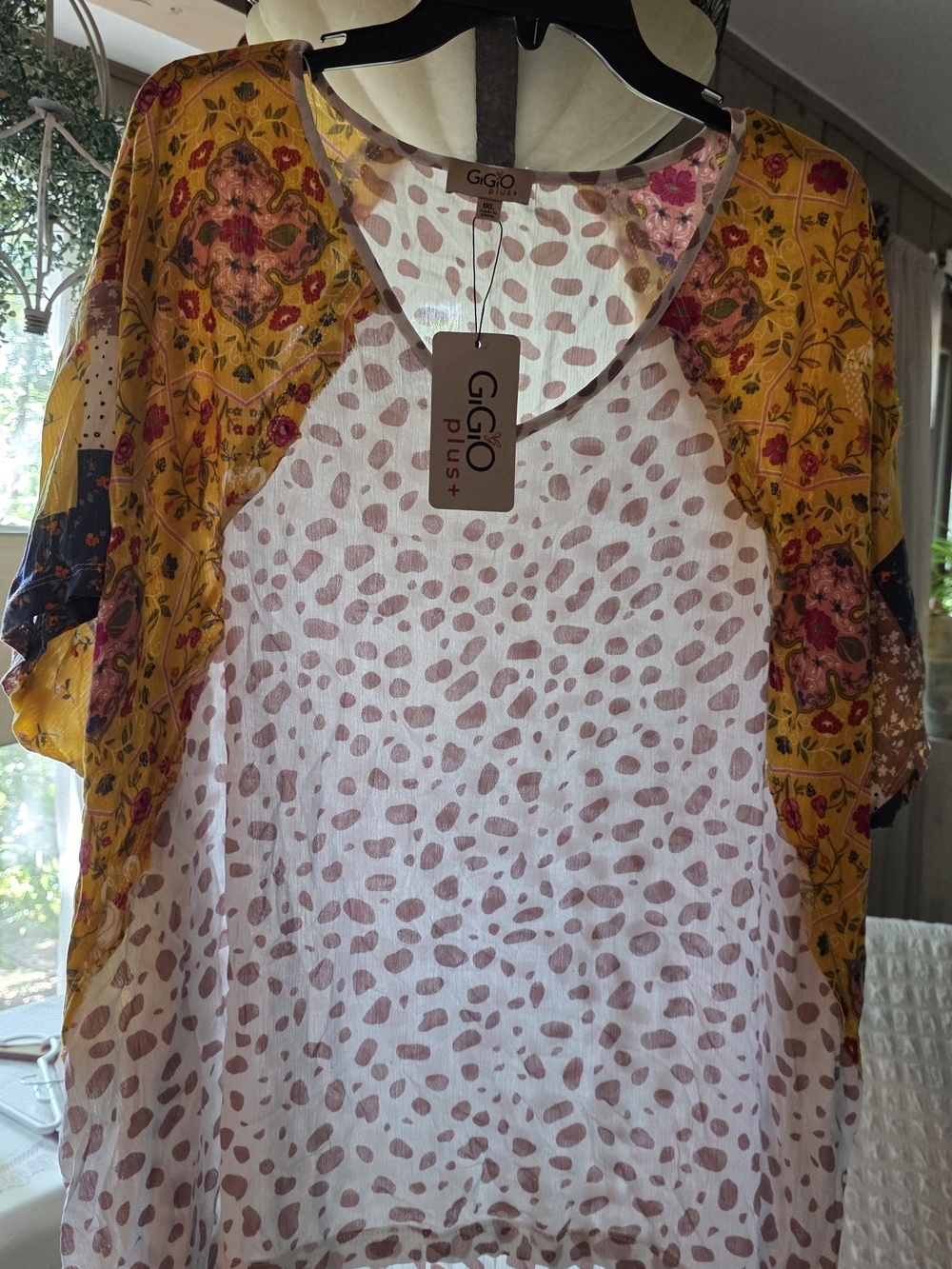 GiGio Plus Mixed-Print Sheer Tunic Top in Yellow and Blush